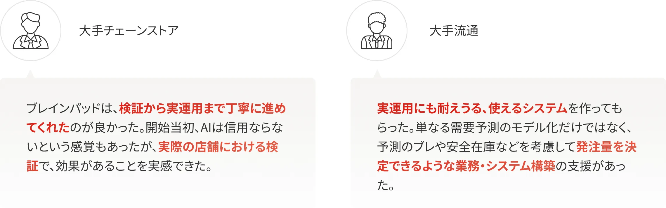 大手チェーンストア「ブレインパッドは、検証から実運用まで丁寧に進めてくれたのが良かった。開始当初、AIは信用ならないという感覚もあったが、実際の店舗における検証で、効果があることを実感できた。」大手流通「実運用にも耐えうる、使えるシステムを作ってもらった。単なる需要予測のモデル化だけではなく、予測のブレや安全在庫などを考慮して発注量を決定できるような業務・システム構築の支援があった。」