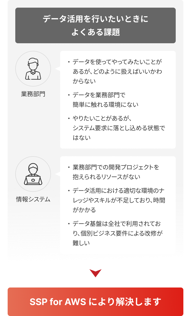 データ活用を行いたい時によくある課題　SSP for AWSにより解決します